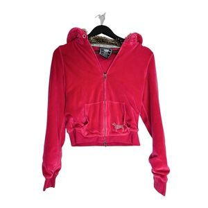 PINK Victorias Secret Fur Lined Hoodie Y2K Vintage Velour Zip Rhinestones Medium